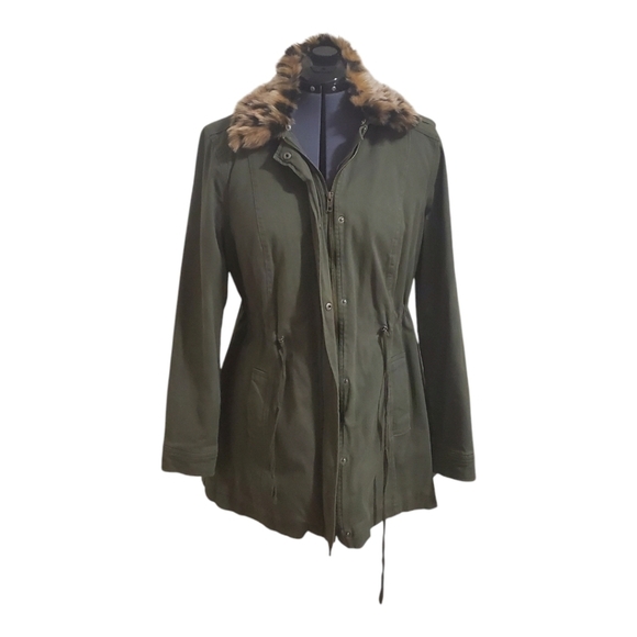 Torrid Olive Green Twill & Leopard Collar Faux Fur lined Anorak Jacket Size Med - Picture 1 of 10